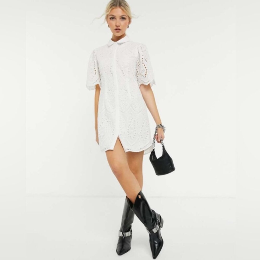 All Saints Cecee Eyelet Mini Button Down Dress Chalk White Size 2